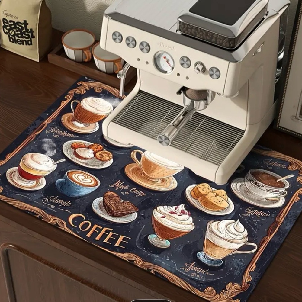Coffee-Themed Counter Mat in Navy Blue